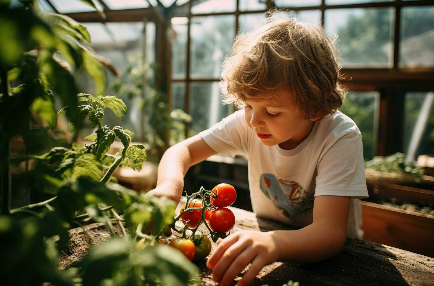AI generated a young boy picks a tomato in a greenhouse on the sunny day, photo