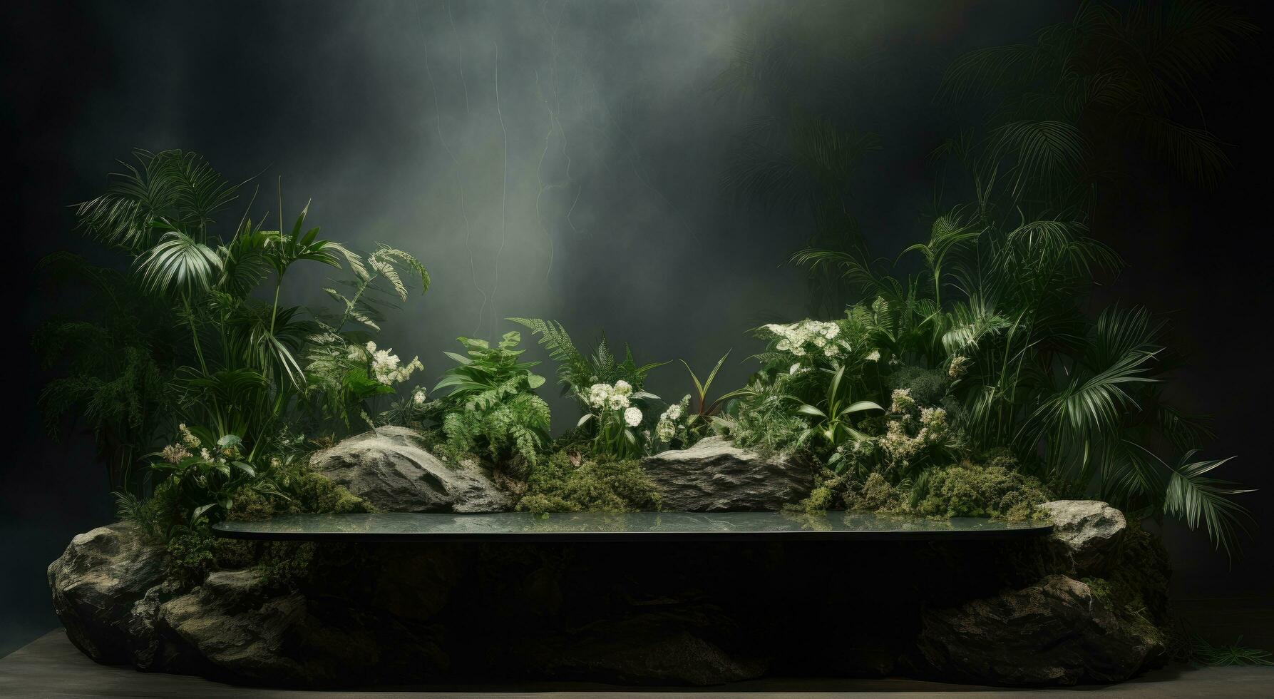 AI generated an arrangement of tropical plants that surround a flat piece of stone, photo