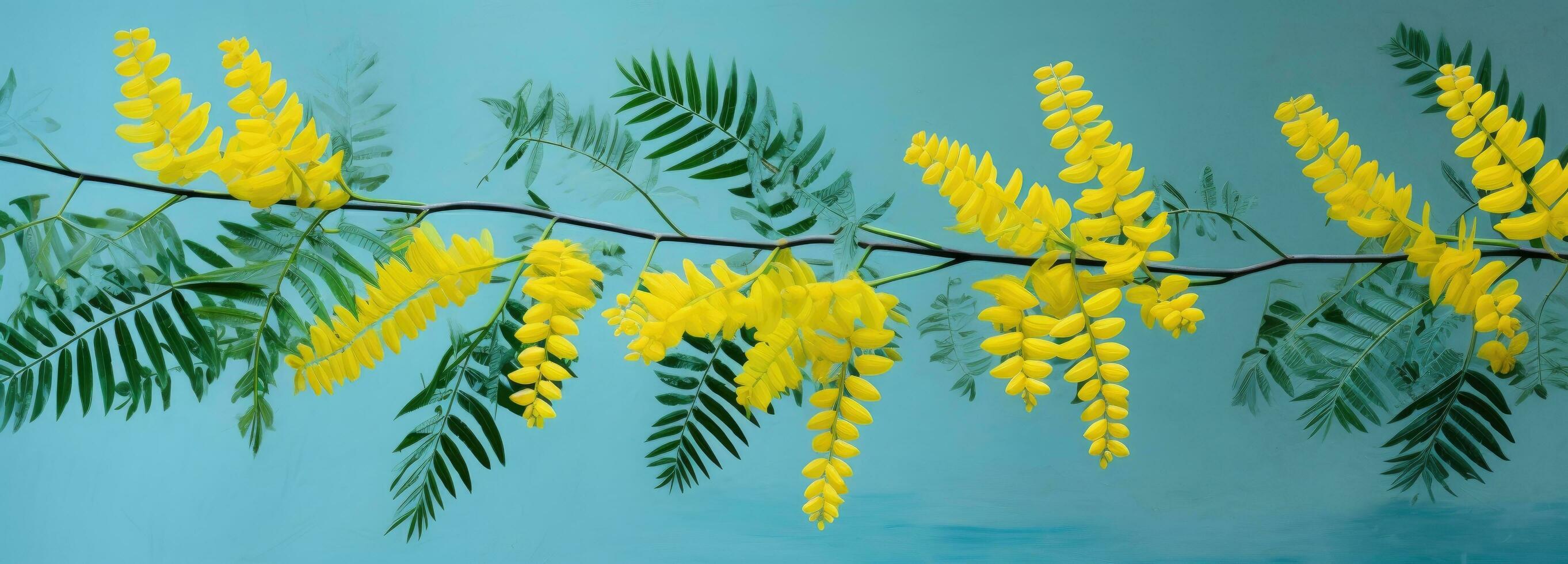 AI generated a yellow mimosa with green leaves growing up on a blue wall, photo