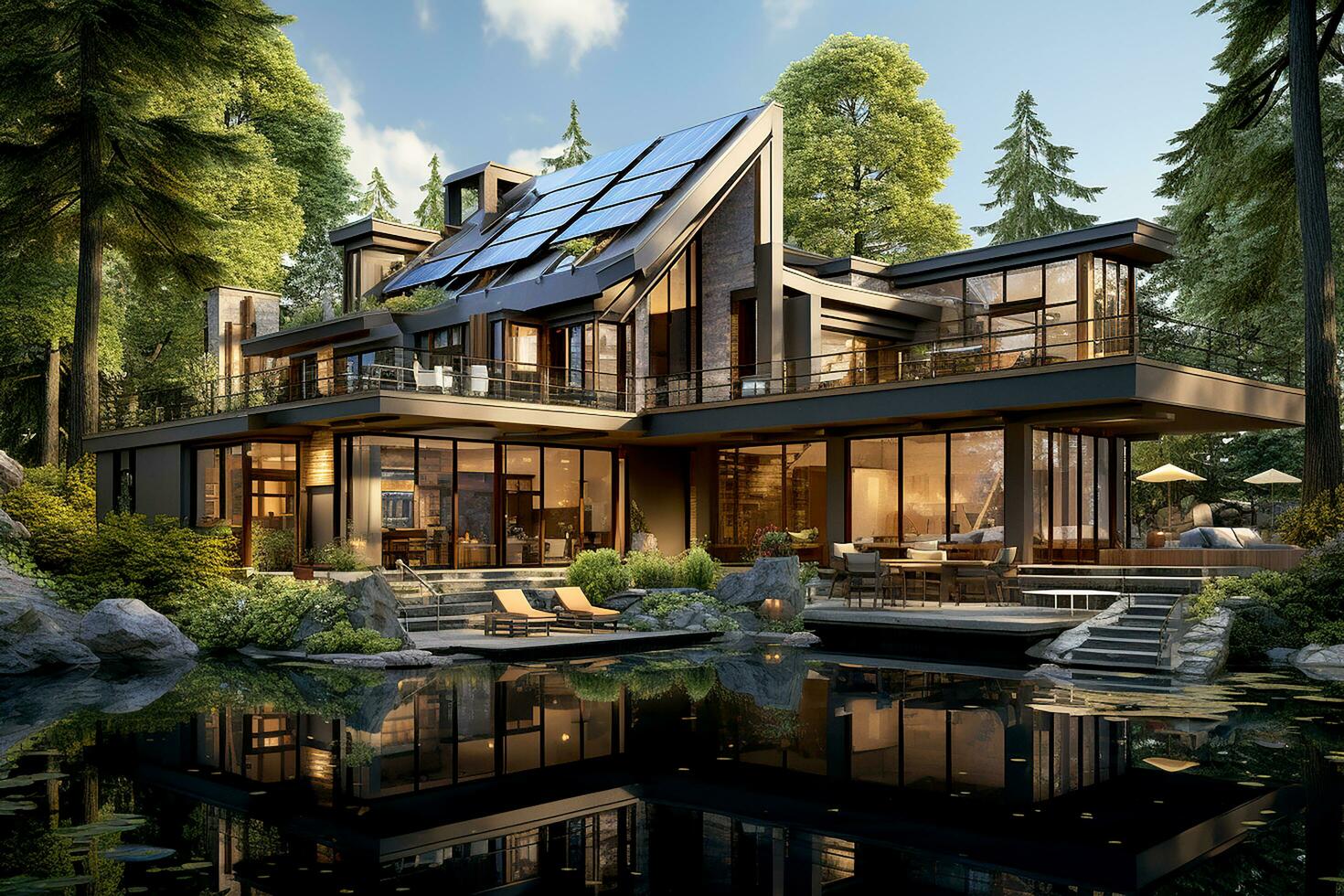 AI generated Residence harmoniously designed with nature in mind, house seamlessly blending into its surroundings photo