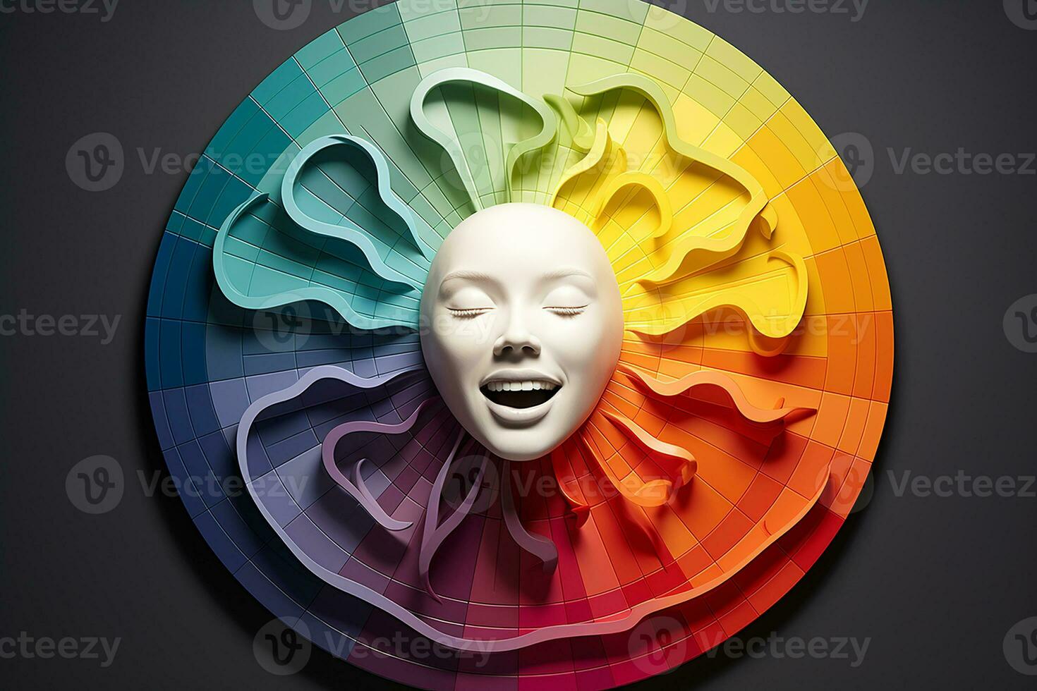 AI generated Face showcasing a spectrum of emotions arranged in a color wheel, emphasizing the diversity and complexity of feelings photo