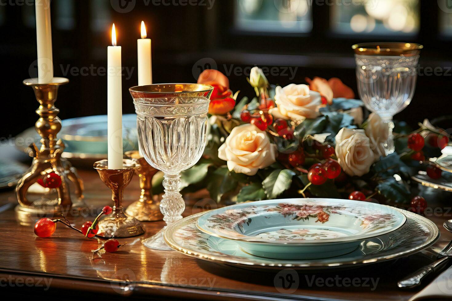 ai generado fiesta comida mesa conjunto con Clásico porcelana, antiguo cubiertos, y clásico Navidad centros de mesa foto