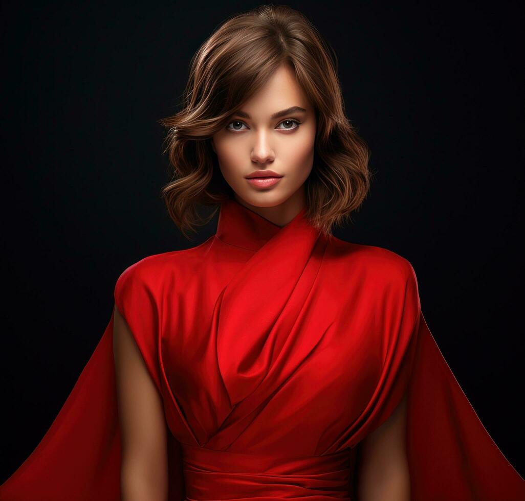 AI generated a woman in a red dress standing in front of a black background, photo