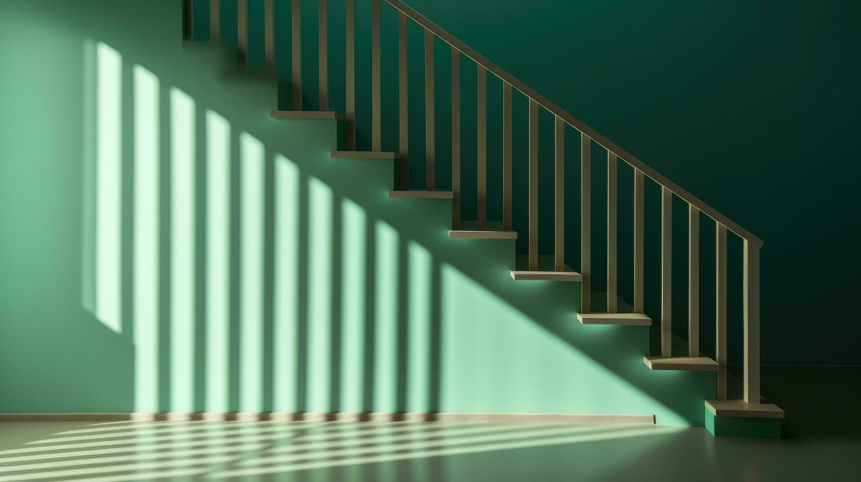 ai generado un de madera escalera con un verde póster cerca el escaleras, foto