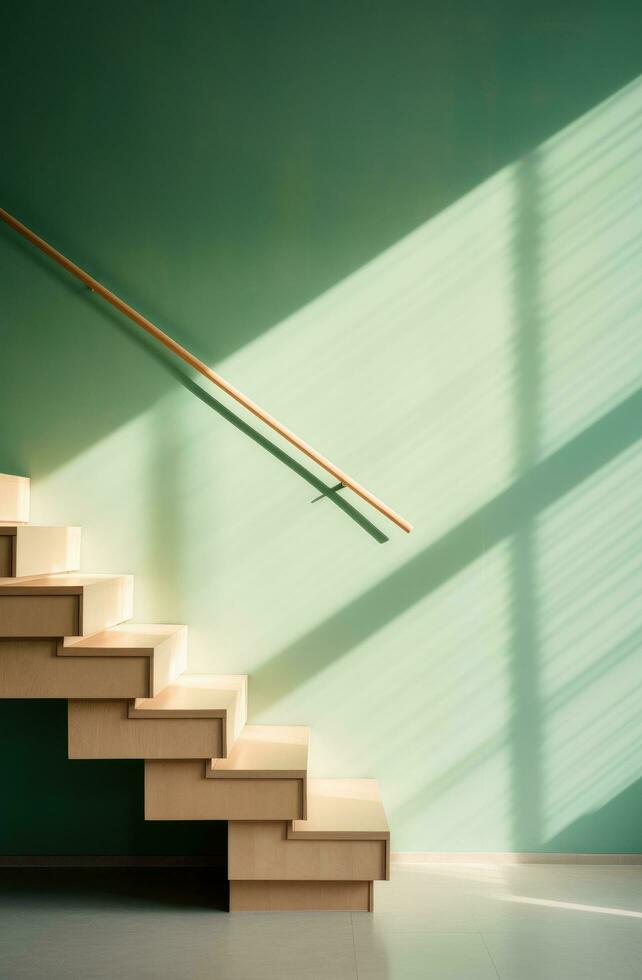 ai generado un de madera escalera con un verde póster cerca el escaleras, foto