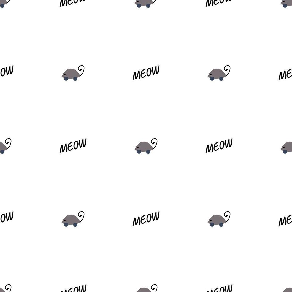 Hand drawn vector seamless pattern of funny cartoon mouse toy and meow