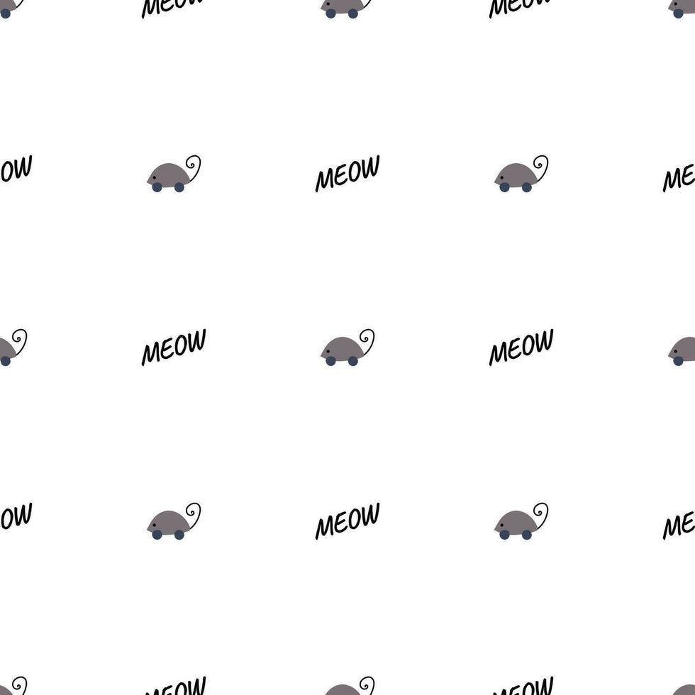 Hand drawn vector seamless pattern of funny cartoon mouse toy and meow