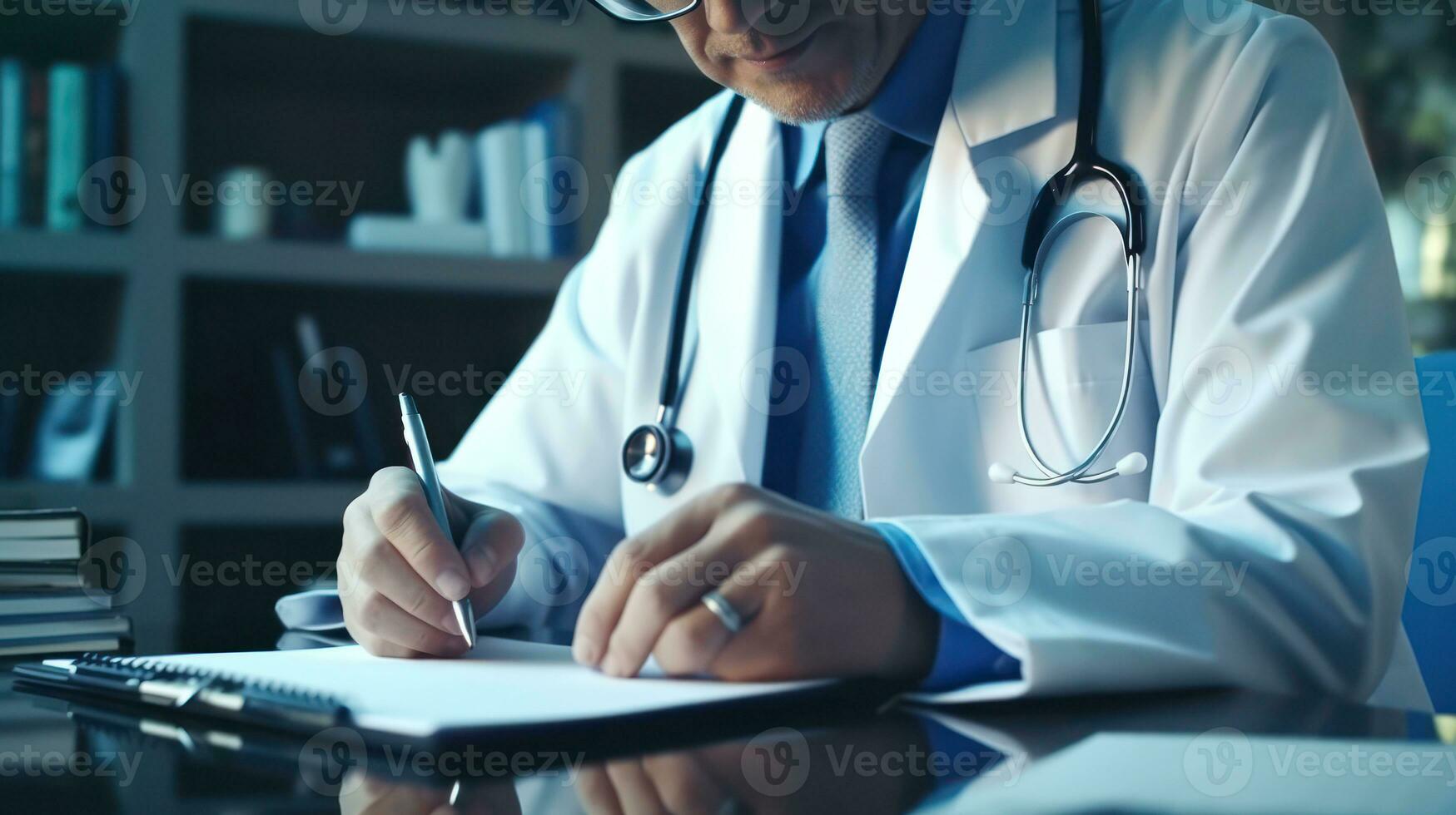 AI generated A focused male doctor in a lab coat and stethoscope taking notes, depicting professionalism and dedication in healthcare photo
