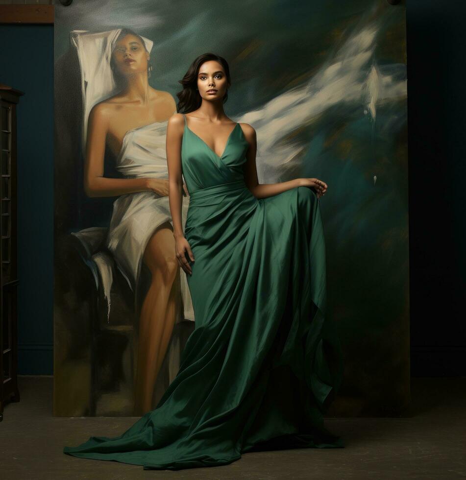 AI generated a model wears a green gown with slit in front of a wall with a giant image of the ad, photo