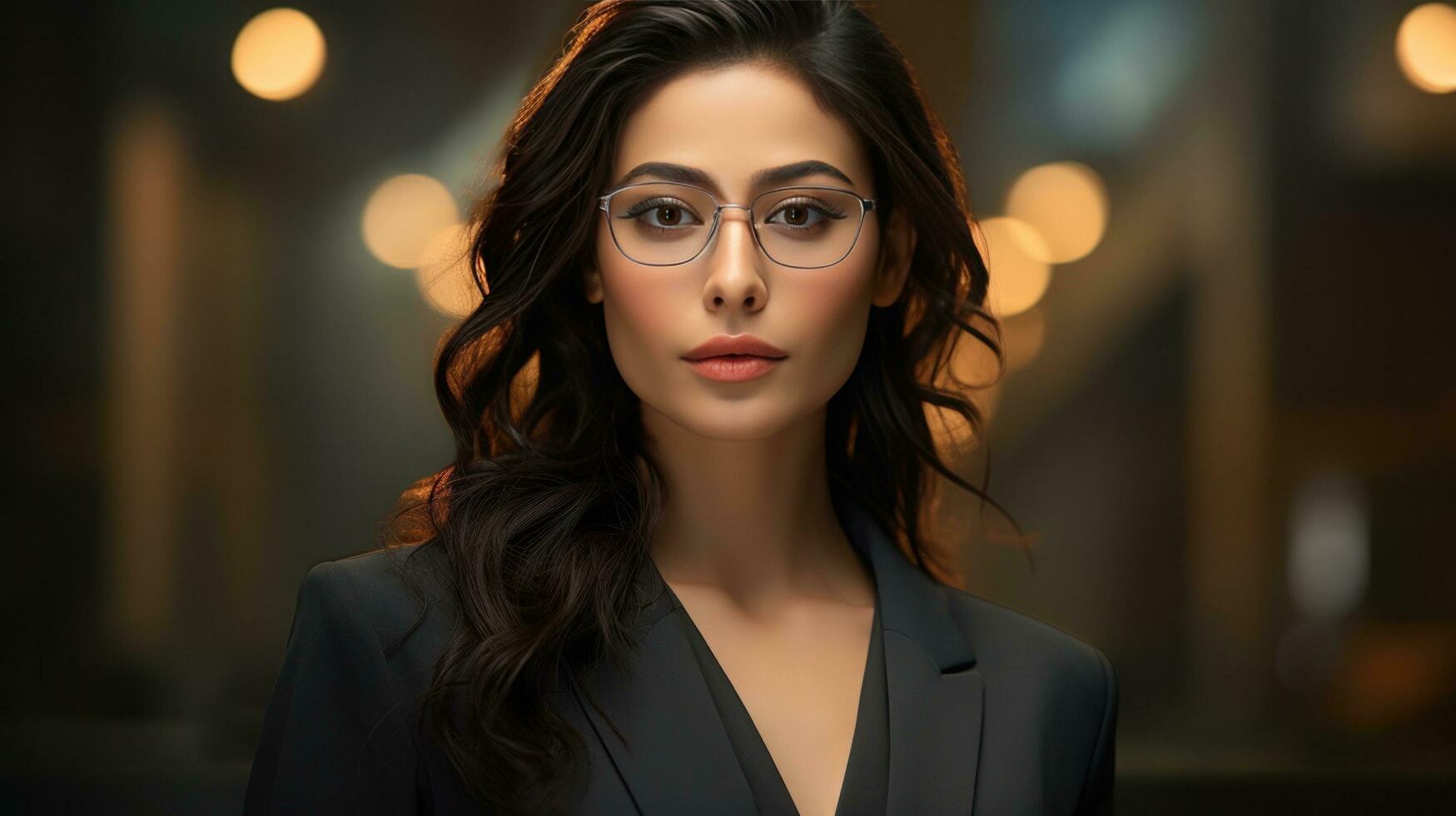 AI generated a pretty woman in black with glasses and a black suit, photo