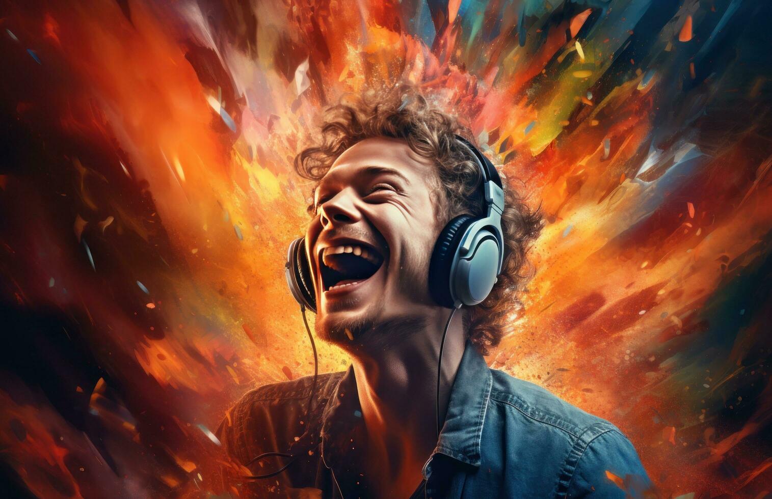 AI generated a man wearing headphones is at a concert with his head up, photo