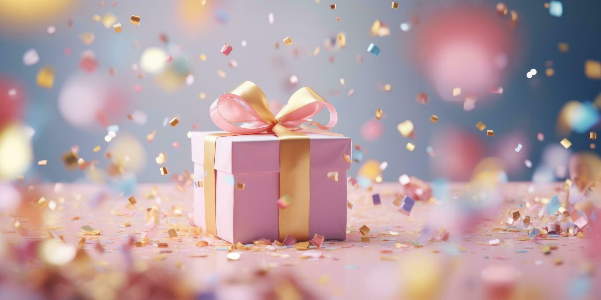 AI generated a pink birthday present and confetti, photo