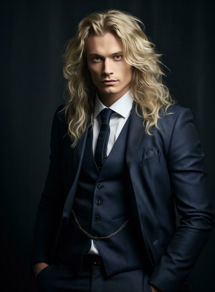 AI generated a man with long blonde hair and blue suit, photo