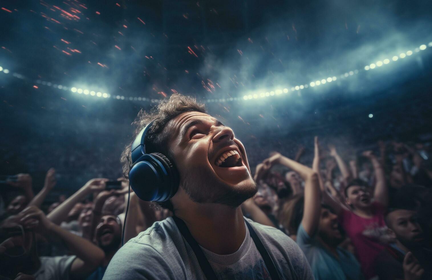 ai generado un hombre vistiendo auriculares es a un concierto con su cabeza arriba, foto