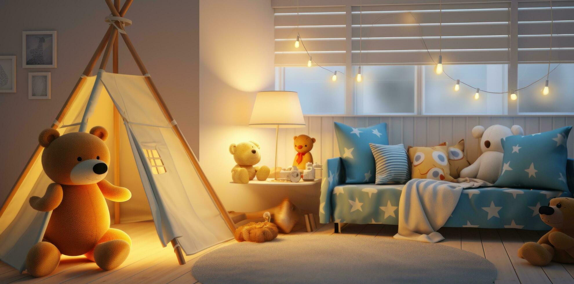 AI generated a kids bedroom with a teepee, pillows, photo
