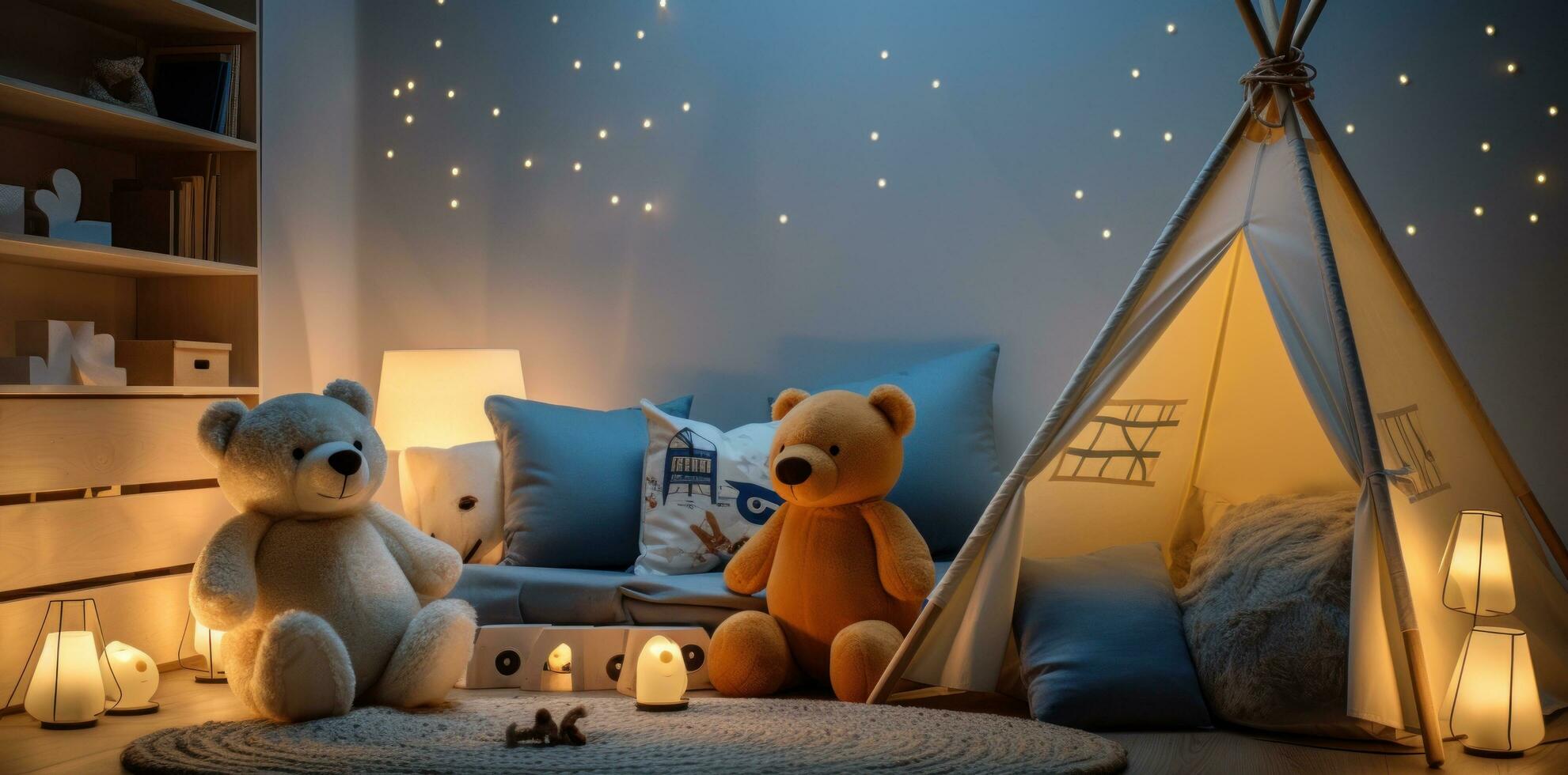 AI generated a kids bedroom with a teepee, pillows, photo