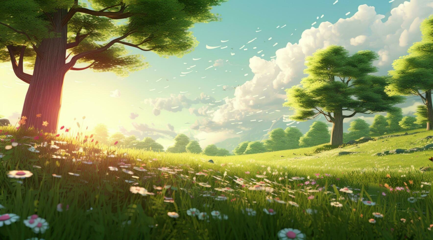 AI generated a green field with flowers and trees on one side, photo