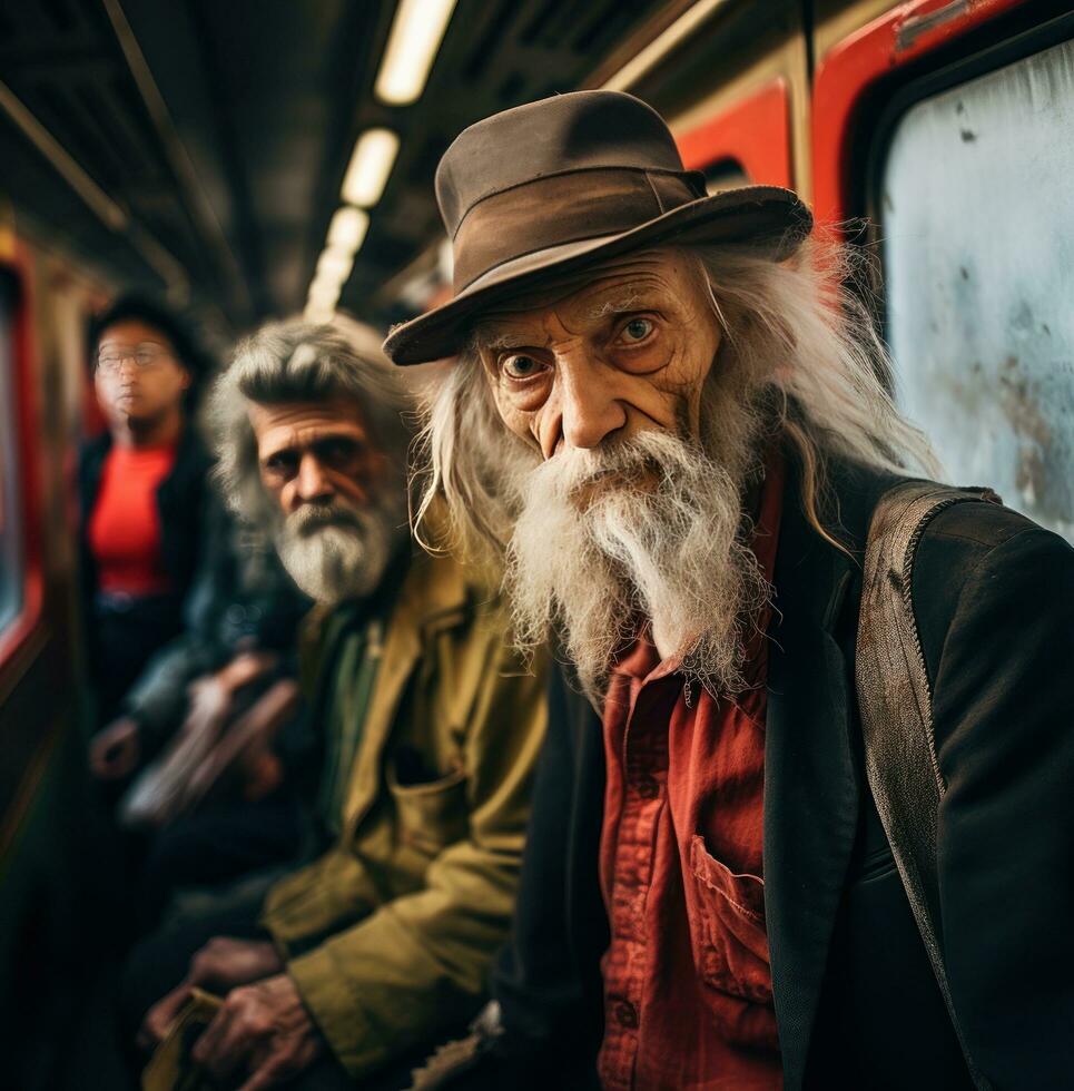 AI generated a group of old men are walking on a train, photo