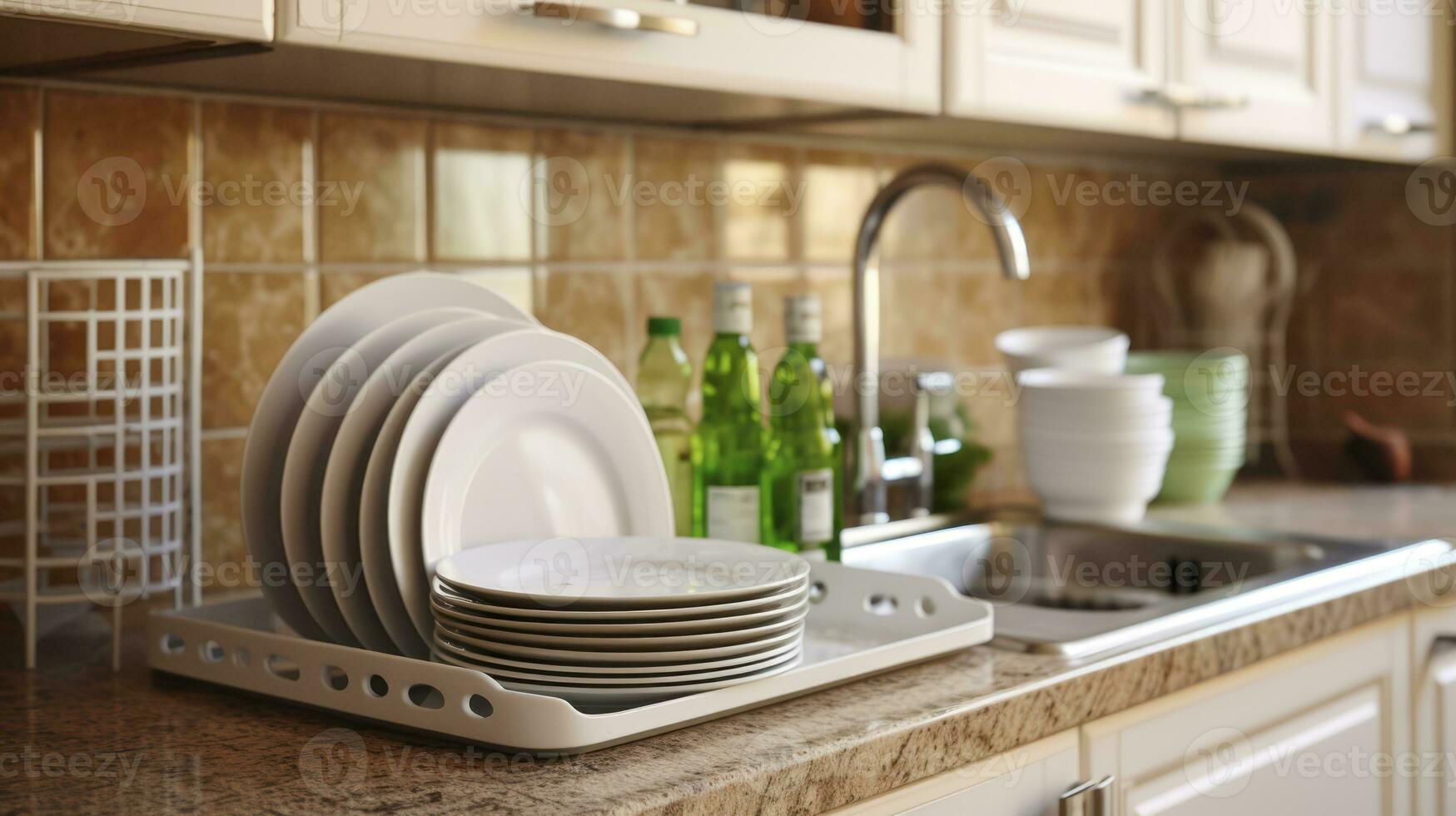 AI generated The Harmony of Clean Plates in a Kitchen with Classic Wooden and Stone Accents photo