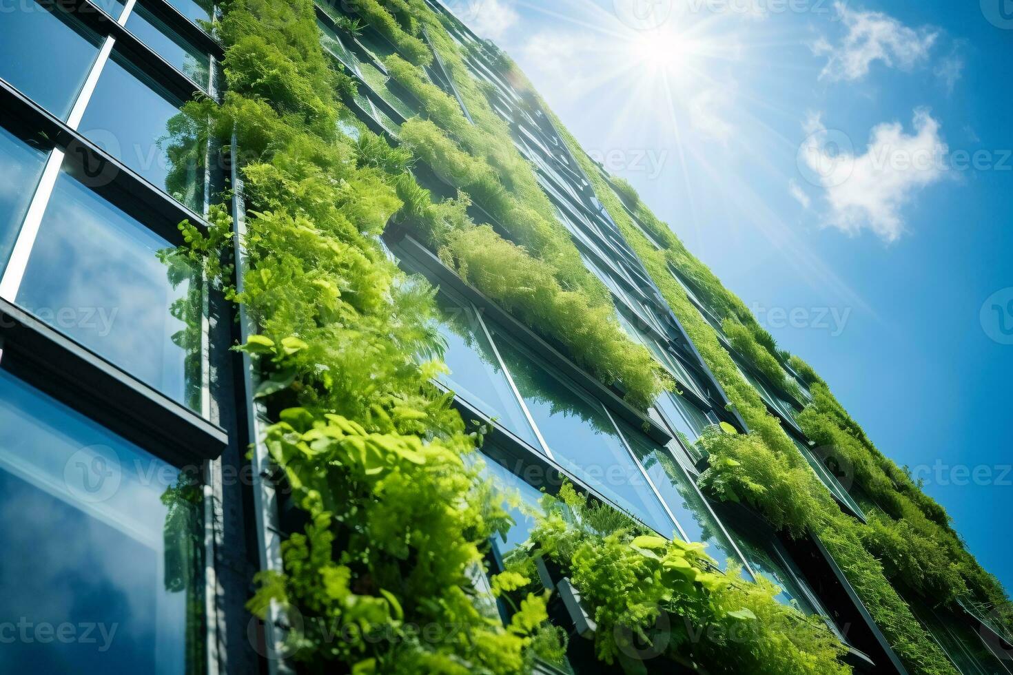 AI generated Eco-friendly building in the modern city. Sustainable glass office building with tree for reducing carbon dioxide. Office building with green environment. Corporate building reduce CO2. photo