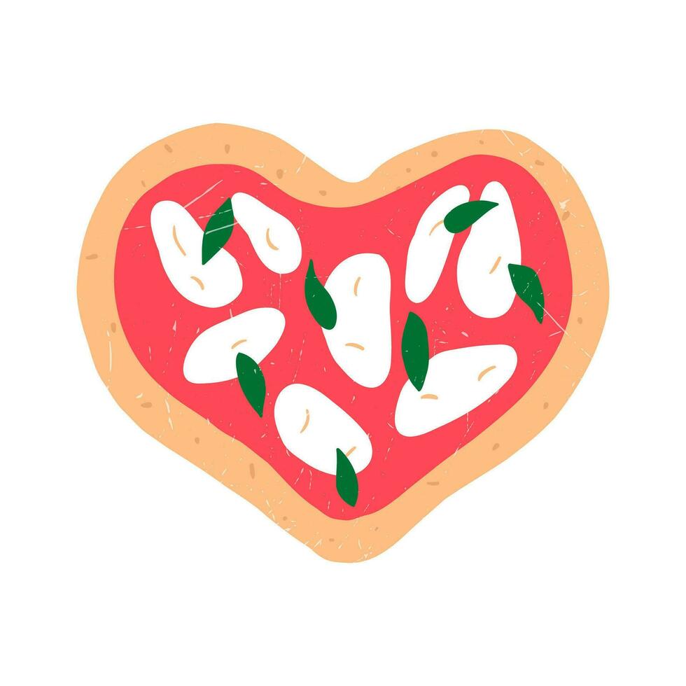 Hand drawn pizza in shape of heart, cartoon flat vector illustration isolated on white background. Pizza margherita for Valentine's day as symbol of love. Drawing with grunge texture.