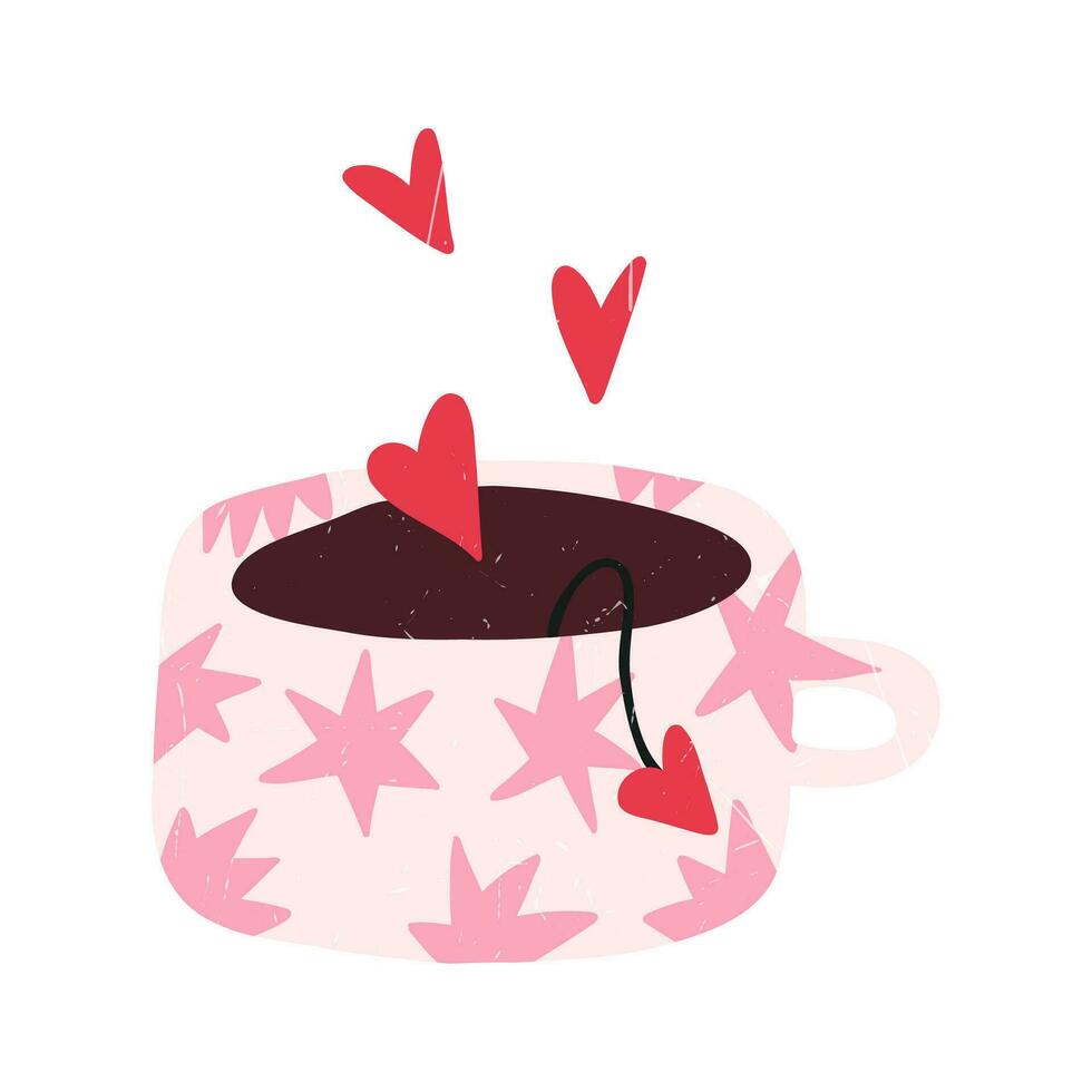 Cute hand drawn cup of tea with hearts, cartoon flat vector illustration isolated on white background. Mug drawing with grunge texture. Love potion. Valentines day symbol.