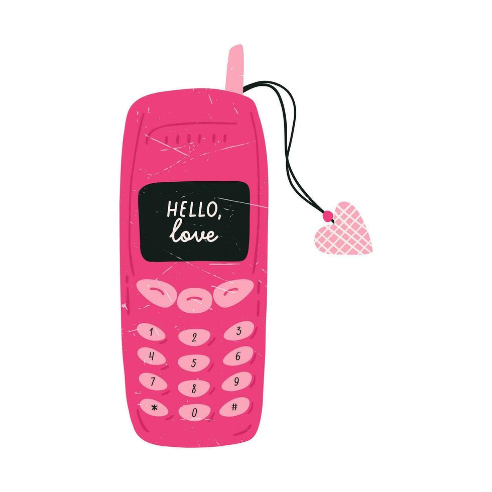 antiguo botón móvil teléfono, dibujos animados plano vector ilustración con grunge textura, aislado en blanco antecedentes. retro y2k teléfono. rosado móvil dispositivo, símbolo de amor y san valentin día.