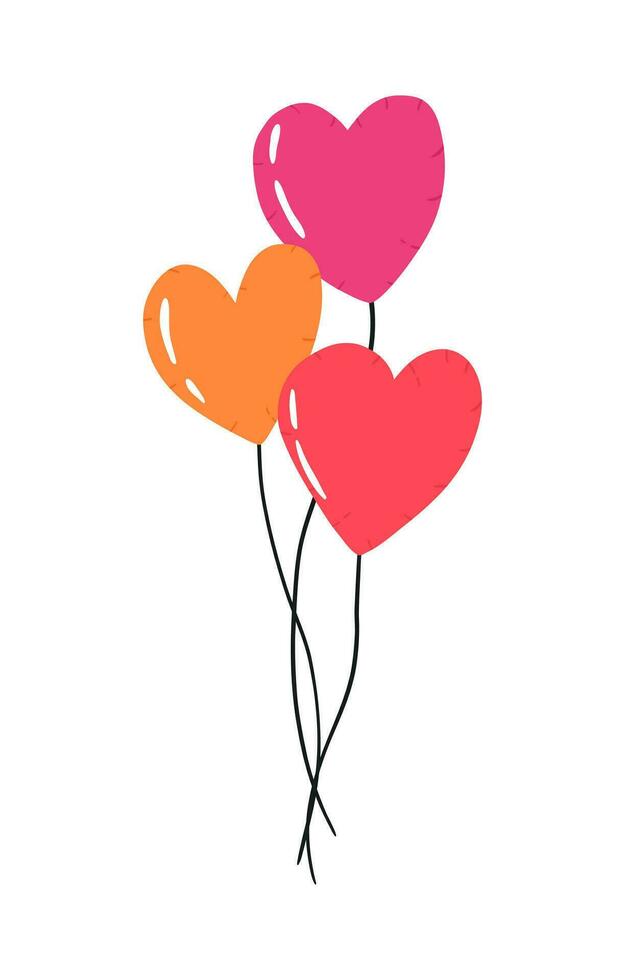 Hand drawn helium balloons in shape of hearts, cartoon flat vector illustration isolated on white background. Concepts of love and Valentines day holiday celebration. Wedding decoration.