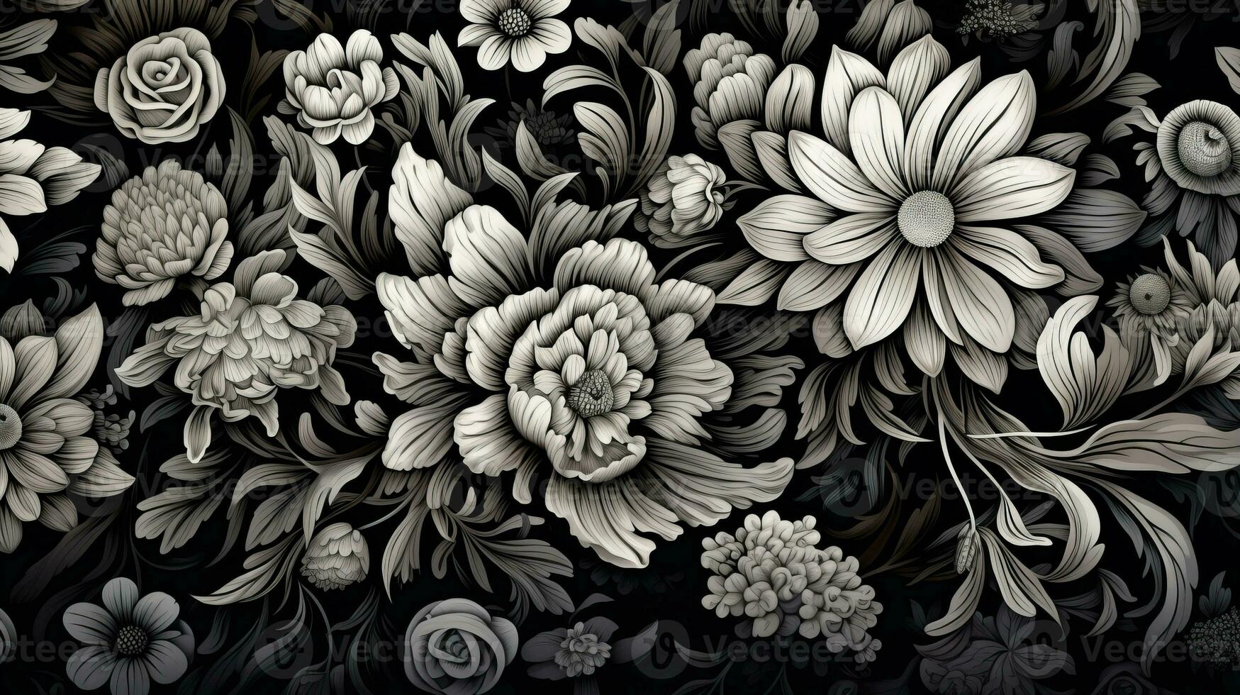 AI generated Abstract floral pattern in black and white colors. Gothic aesthetic photo