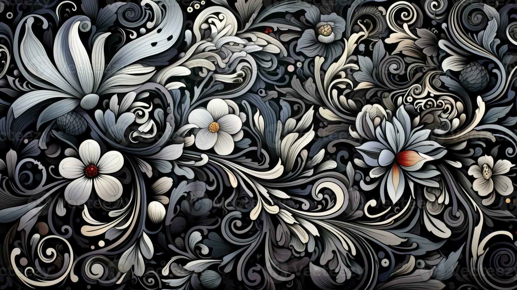 AI generated Abstract floral pattern in black and white colors. Gothic aesthetic photo