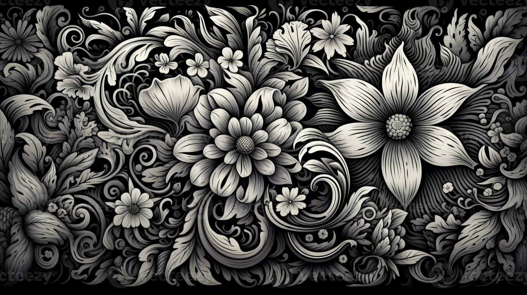 AI generated Abstract floral pattern in black and white colors. Gothic aesthetic photo