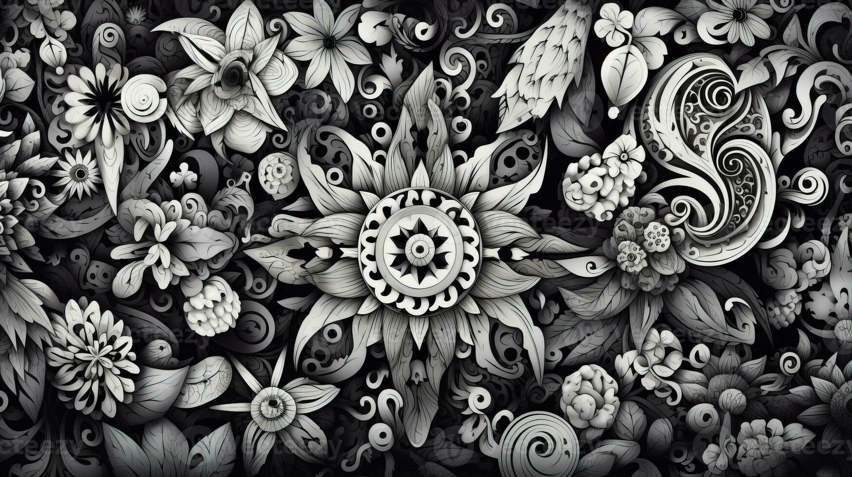 AI generated Abstract floral pattern in black and white colors. Gothic aesthetic photo