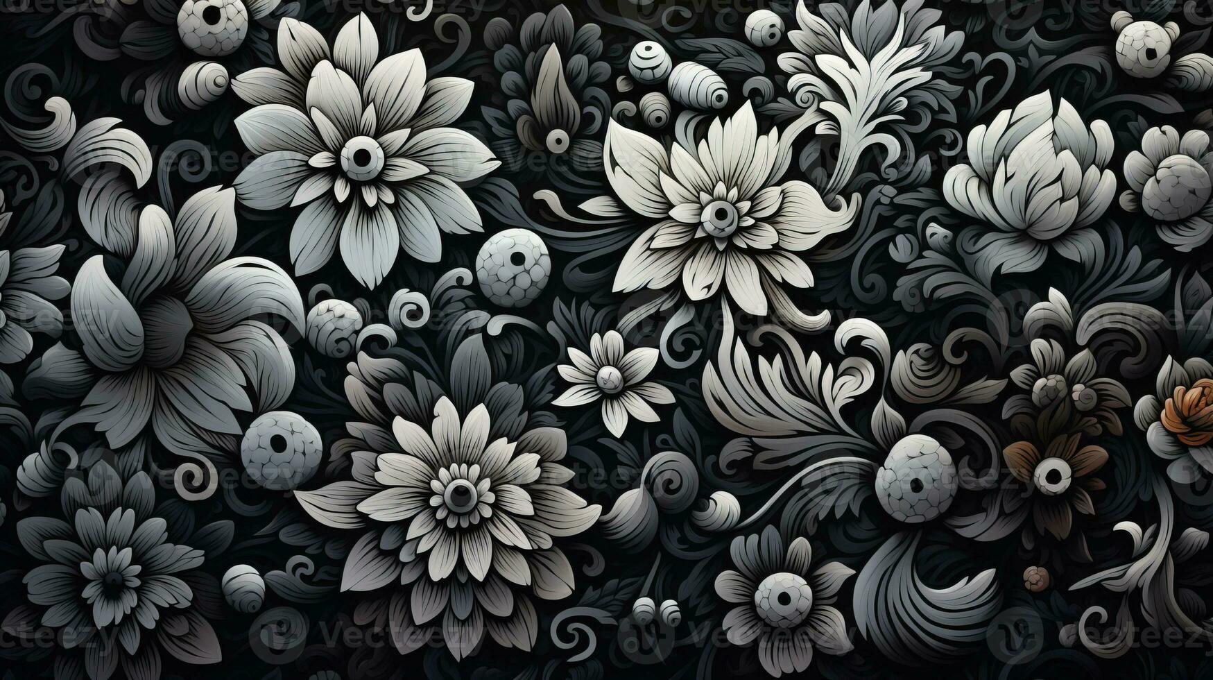 AI generated Abstract floral pattern in black and white colors. Gothic aesthetic photo