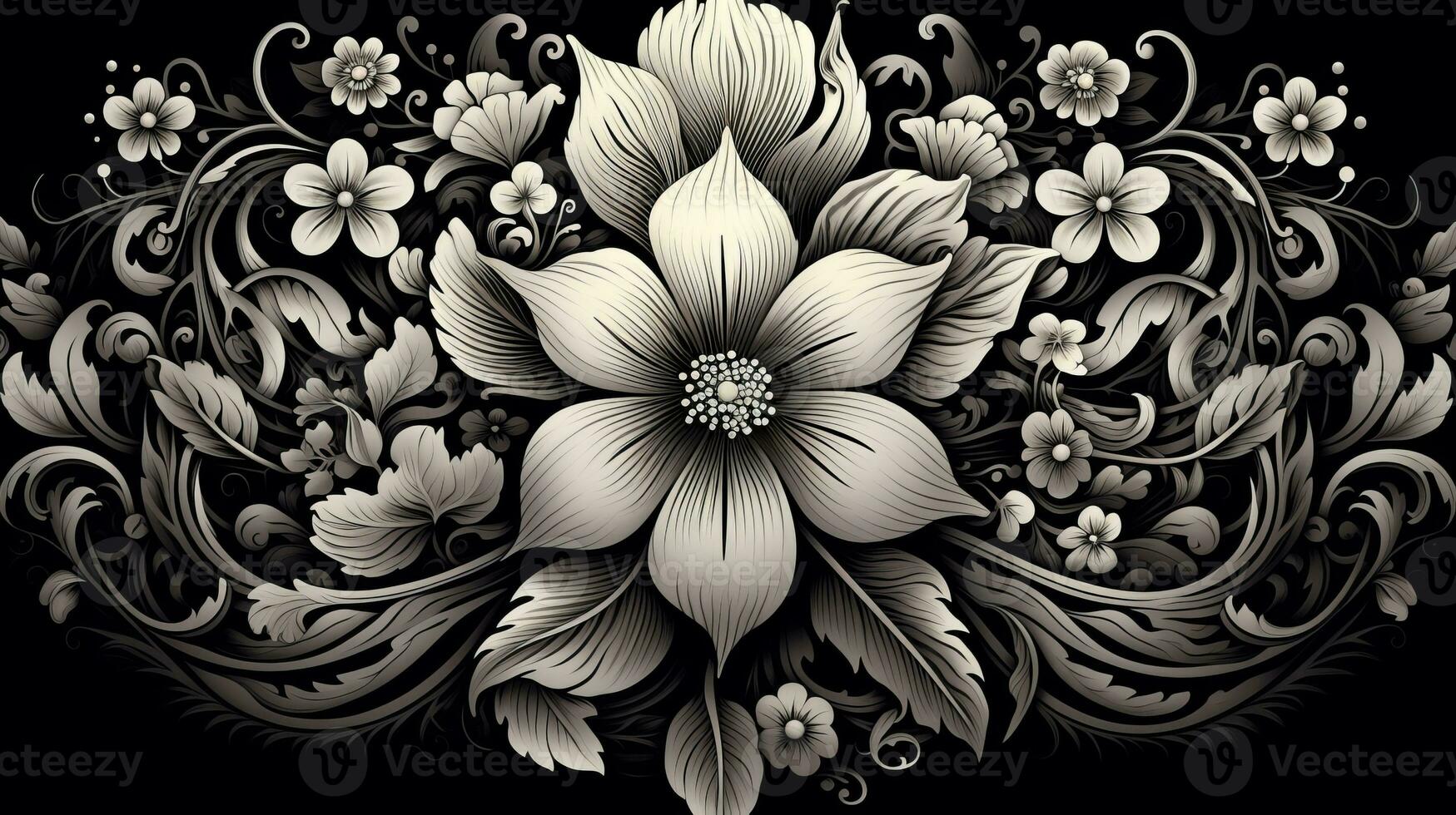 AI generated Abstract floral pattern in black and white colors. Gothic aesthetic photo