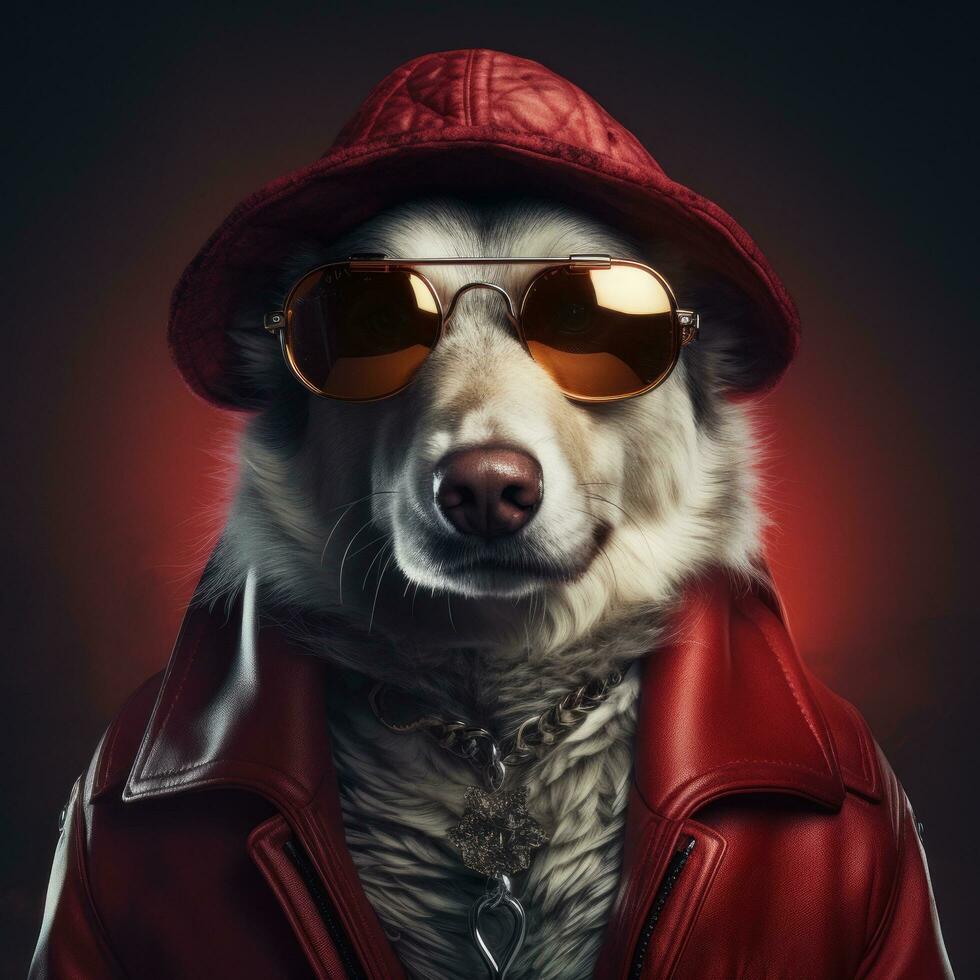 AI generated a dog dressed like a man wearing jacket, sunglasses and hat, photo