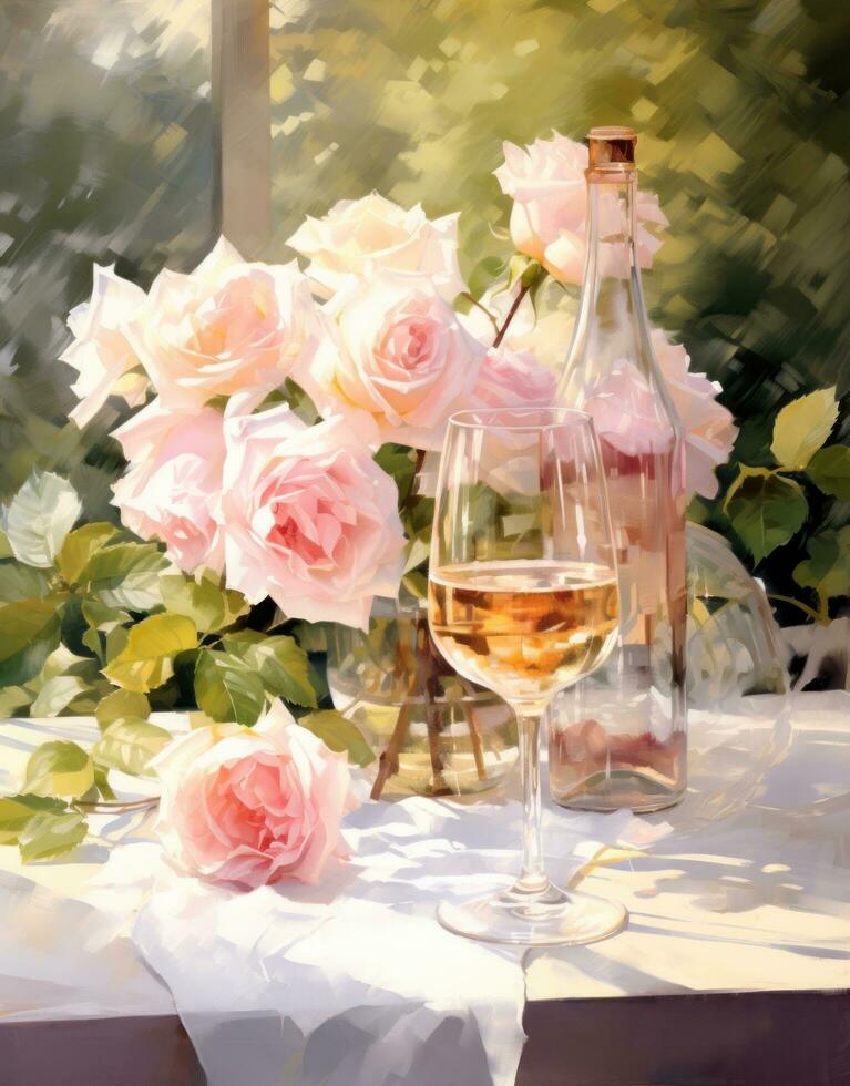 AI generated a glass of white wine and roses, photo