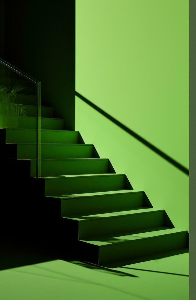 AI generated a framed art with green walls and wooden stairs, photo