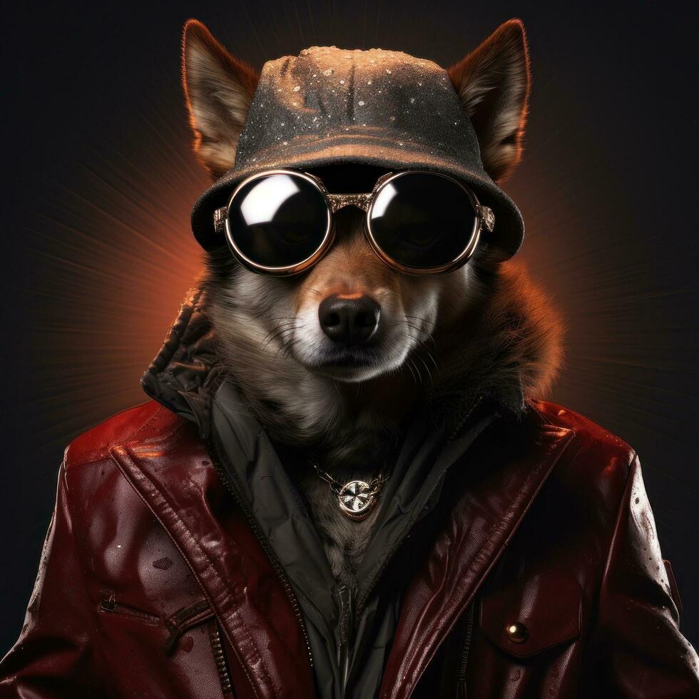 AI generated a dog dressed like a man wearing jacket, sunglasses and hat, photo