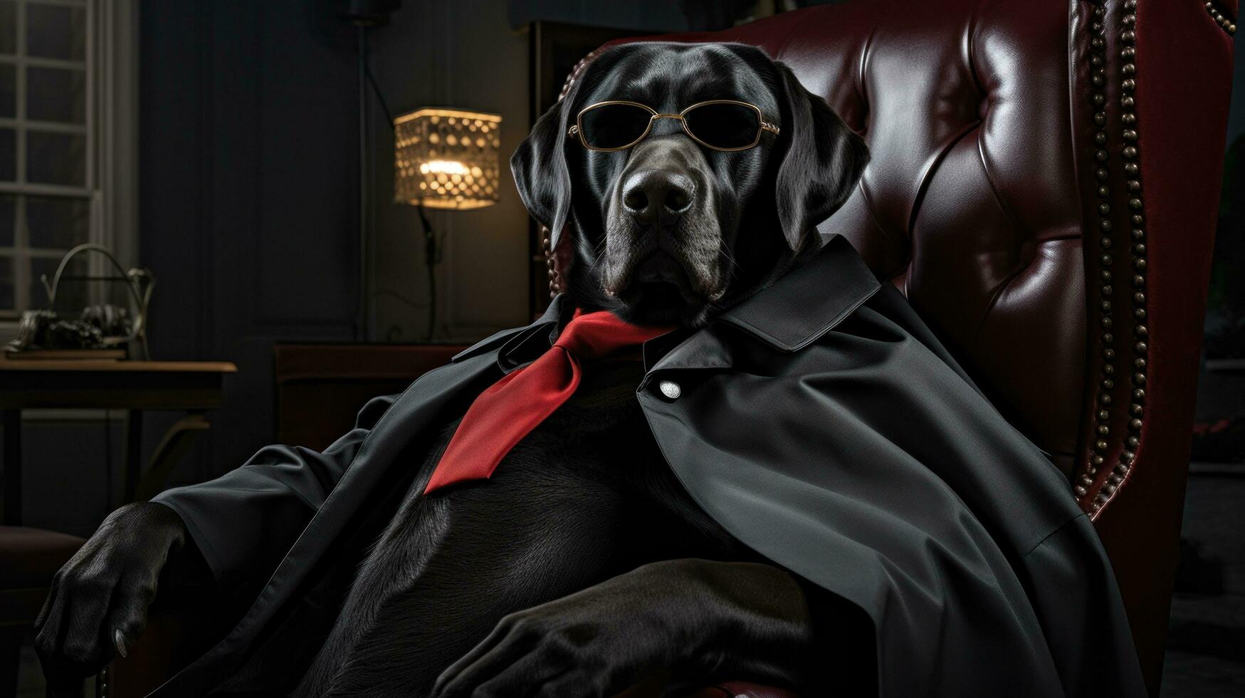 AI generated a black lab with her cape and sunglasses sitting in a chair, photo