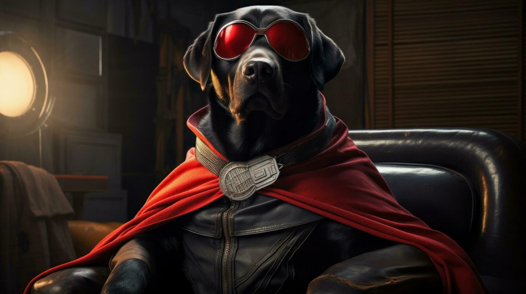 AI generated a black lab with her cape and sunglasses sitting in a chair, photo