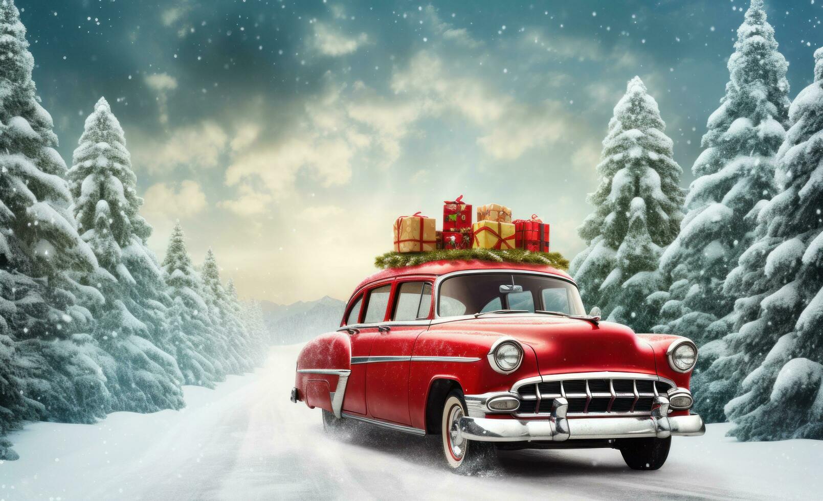 AI generated a christmas car driving down snowy road with christmas tree on top, photo