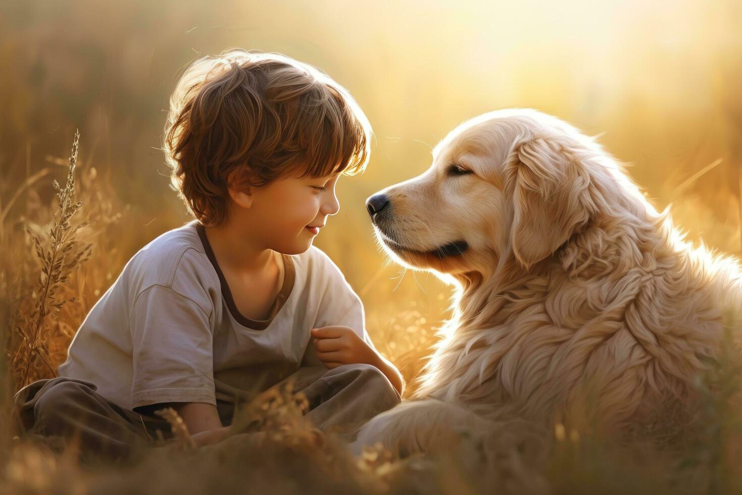 AI generated a boy is sitting in the grass kissing his golden retriever dog, photo