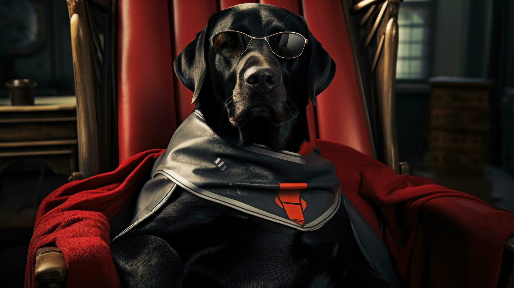 AI generated a black lab with her cape and sunglasses sitting in a chair, photo