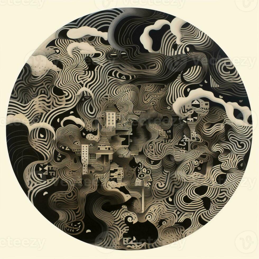 AI generated Abstract circle with wavy pattern in black and white colors. Surrealist style photo