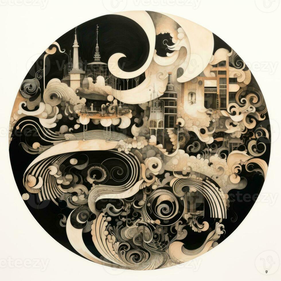 AI generated Abstract circle with wavy pattern. Neo Folk aesthetics. Surrealist style photo