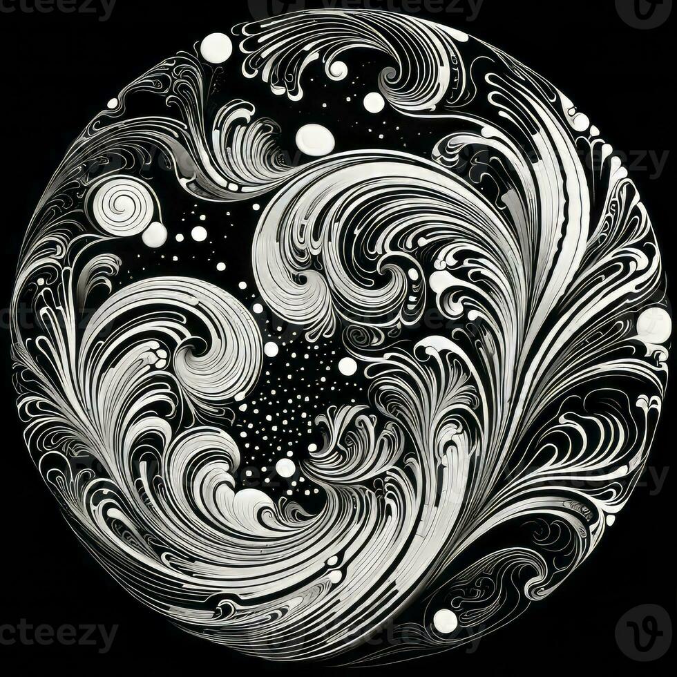 AI generated Abstract circle with wavy pattern in black and white colors. Surrealist style photo