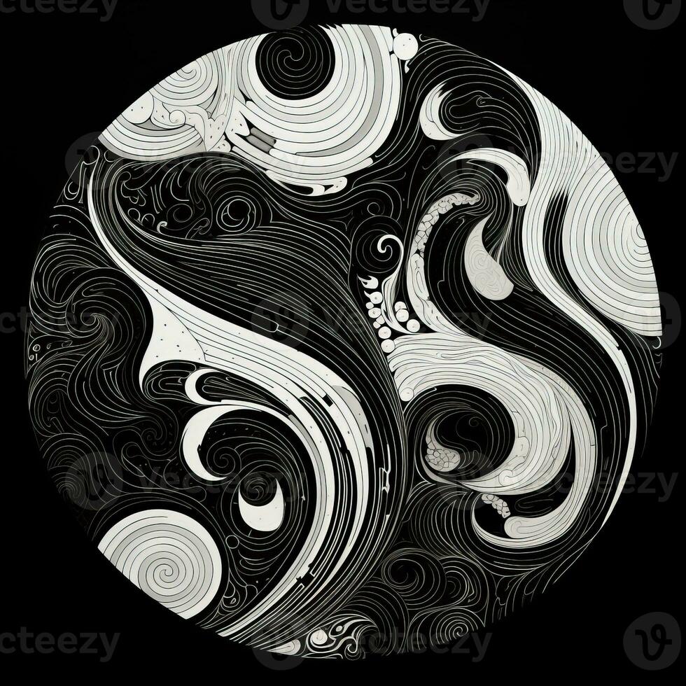 AI generated Abstract circle with wavy pattern in black and white colors. Surrealist style photo