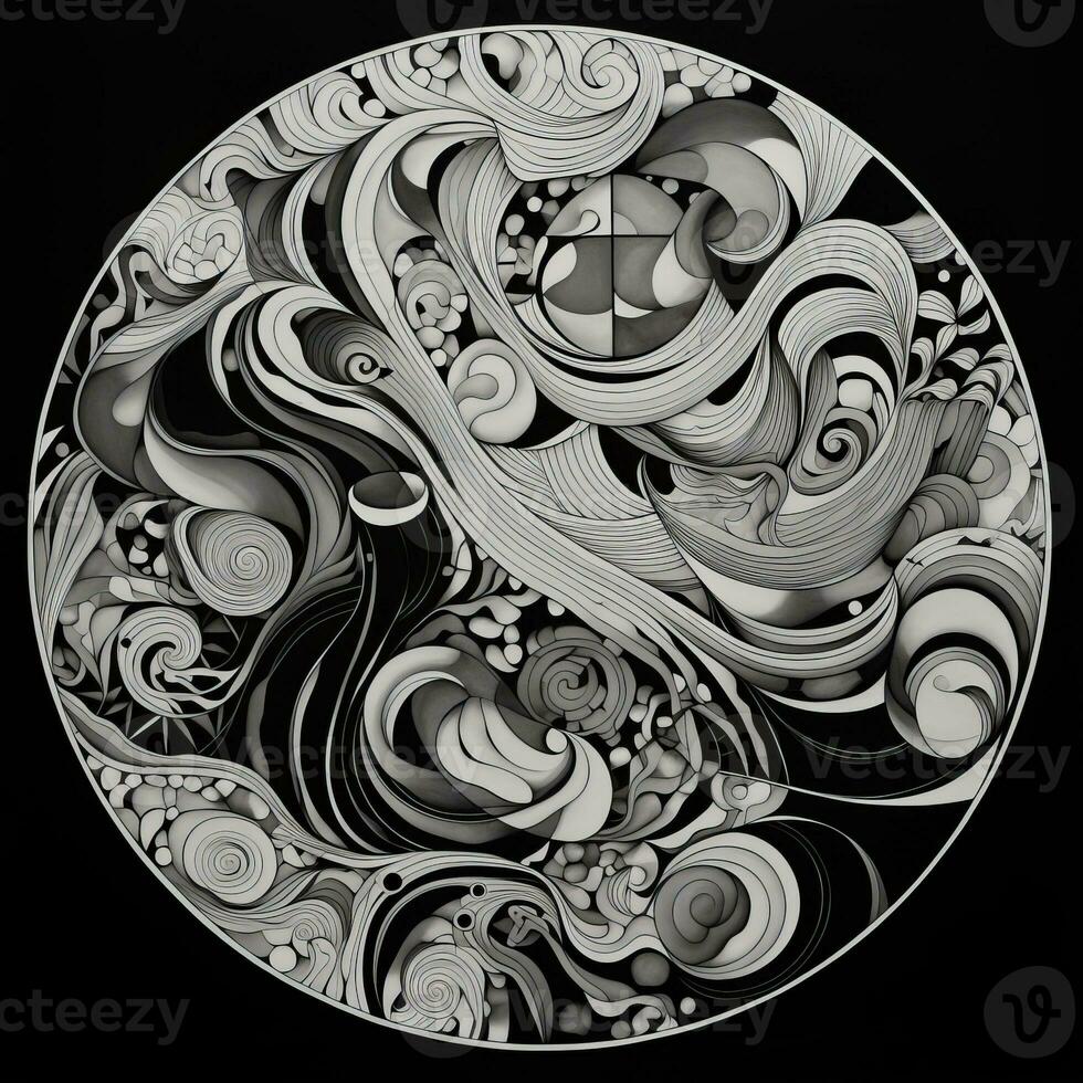 AI generated Abstract circle with wavy pattern in black and white colors. Surrealist style photo