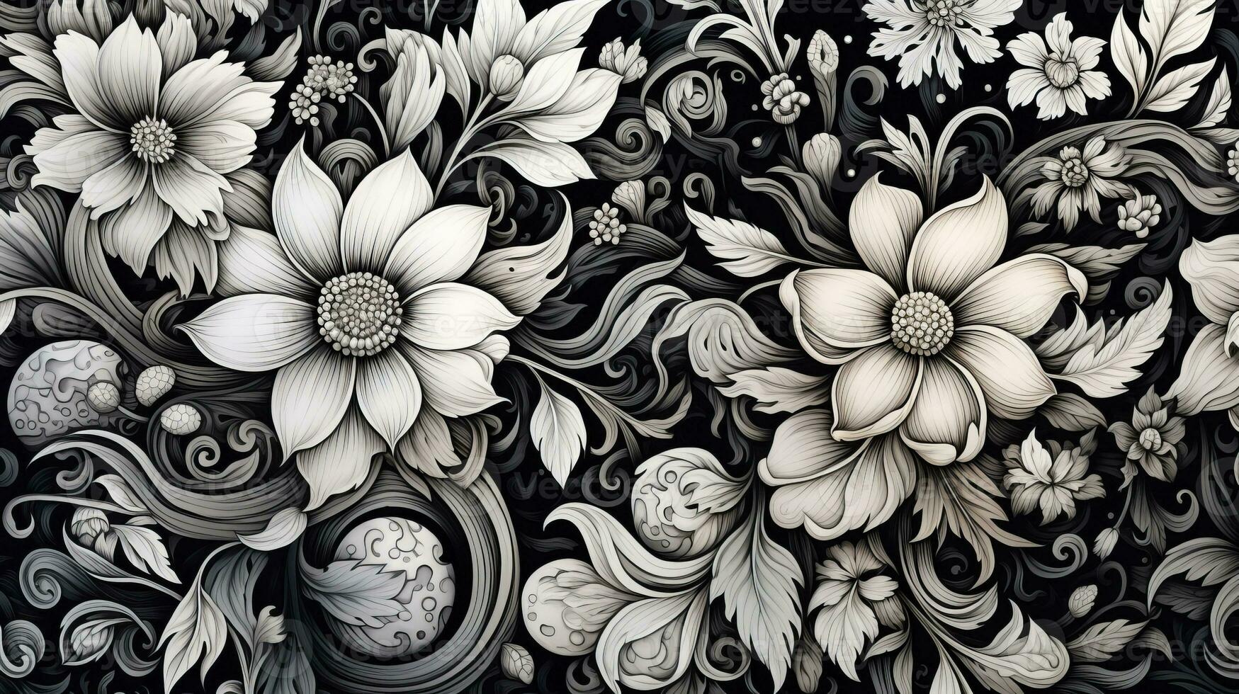 AI generated Abstract floral pattern in black and white colors photo