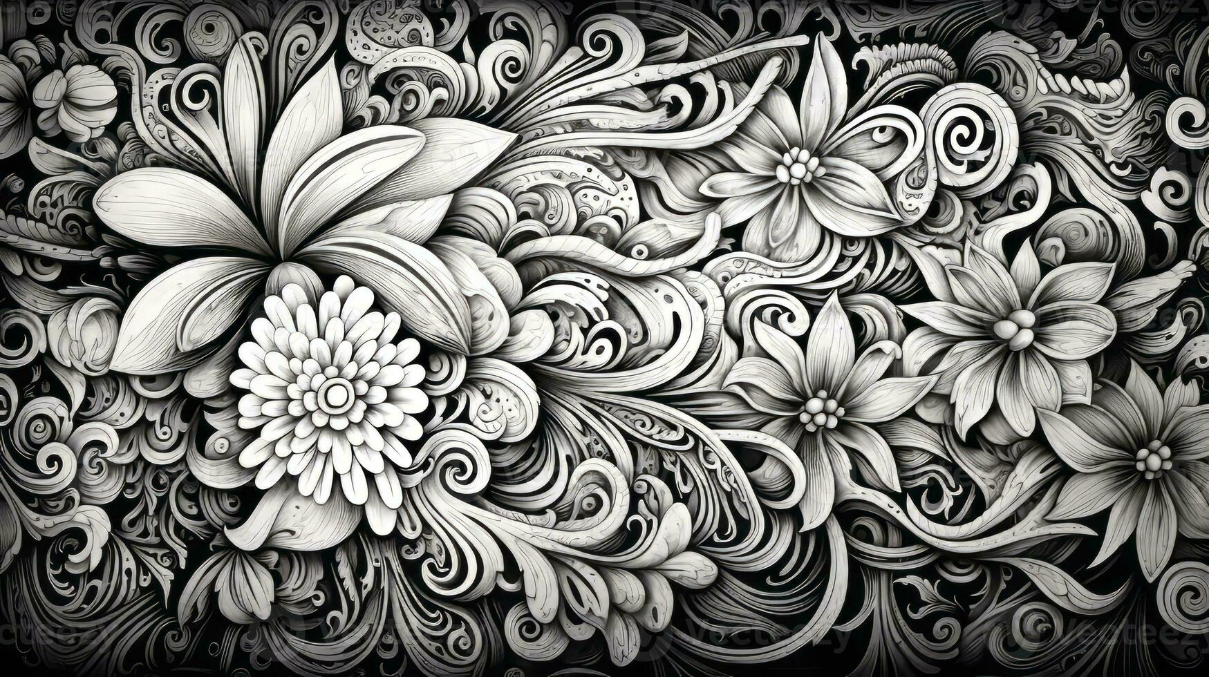 AI generated Abstract floral pattern in black and white colors photo